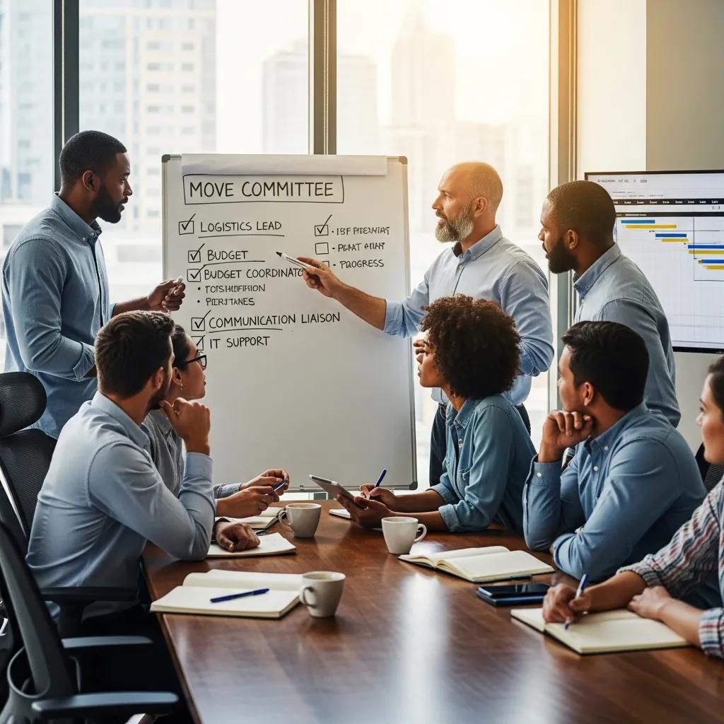Diverse professionals in a meeting discussing roles for an office move committee