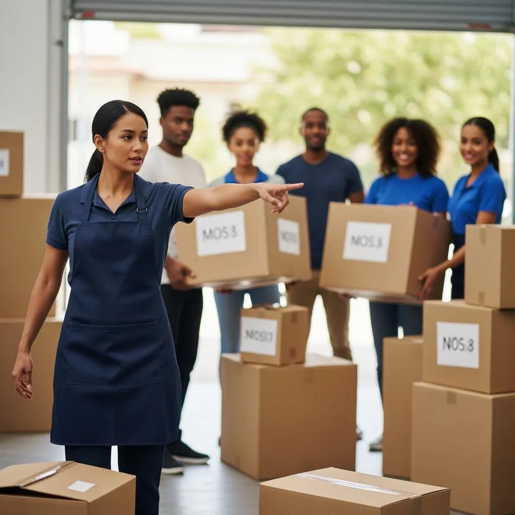 Diverse team of movers led by a woman, showcasing professionalism and community focus