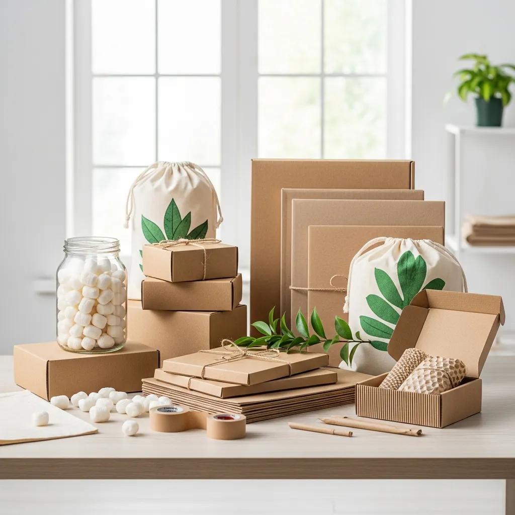 Eco-friendly packing materials including biodegradable peanuts and recycled boxes, promoting sustainable moving practices