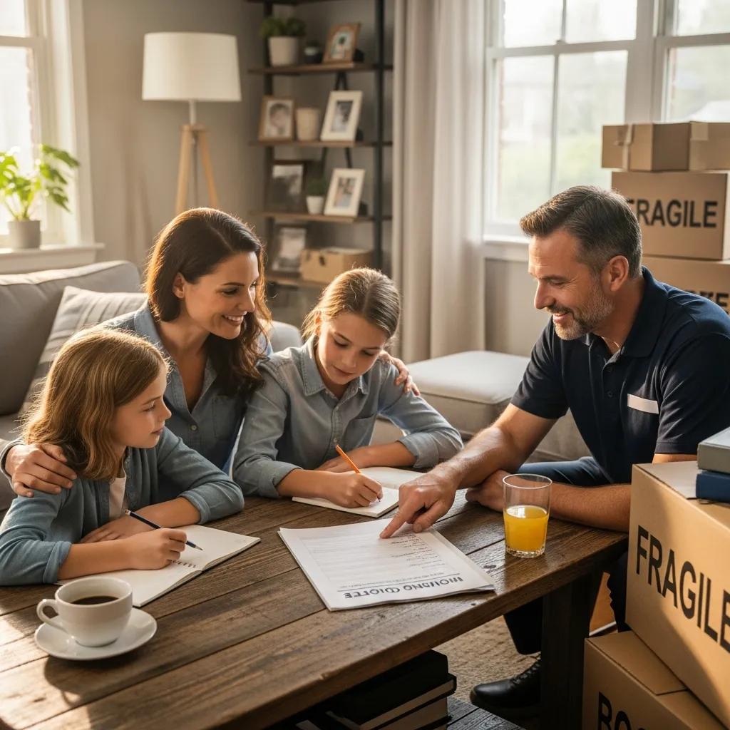 Family discussing moving costs with a professional mover in a cozy living room, emphasizing affordability