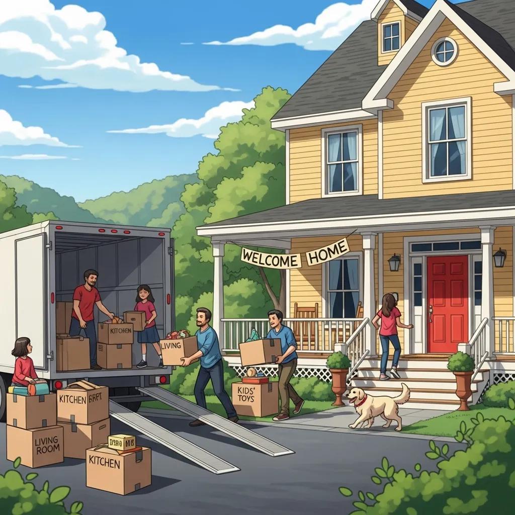 Family moving into a new home in Hudson Valley with movers and a truck