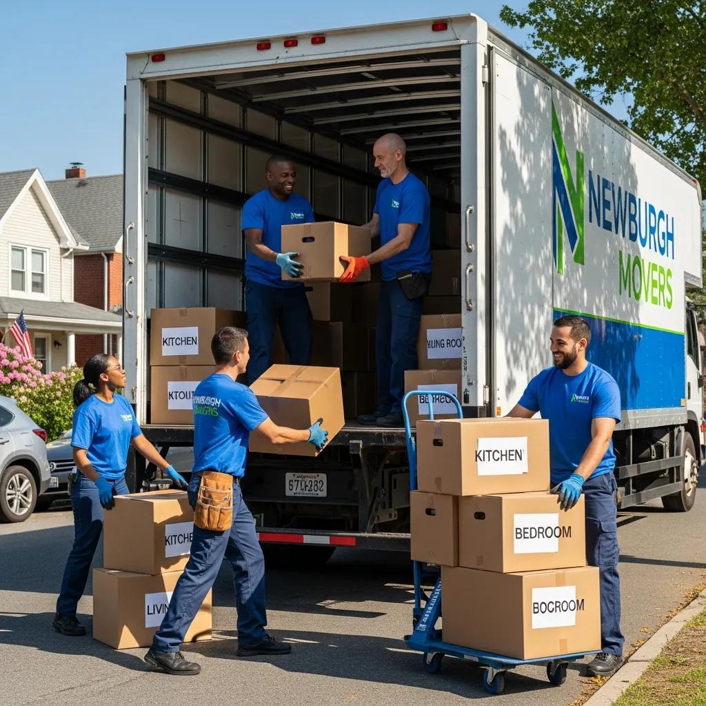 Friendly moving team loading boxes into a truck in Newburgh, NY, representing local moving services