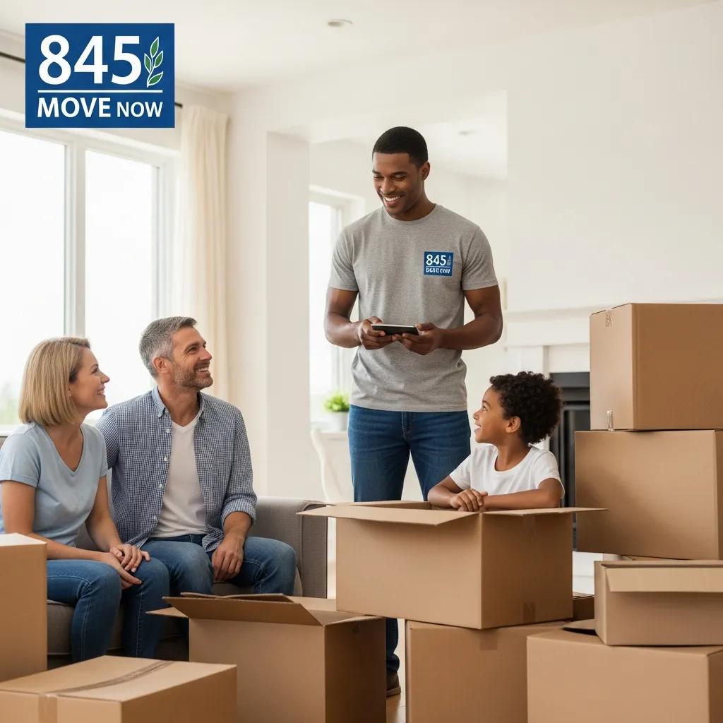 Happy family in their new home with a moving professional from 845 Move Now