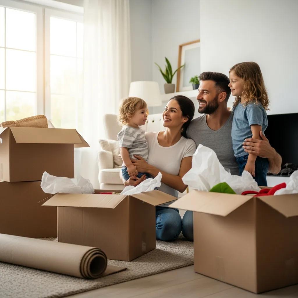 Happy family unpacking boxes in their new home, reflecting positive customer experiences with moving services