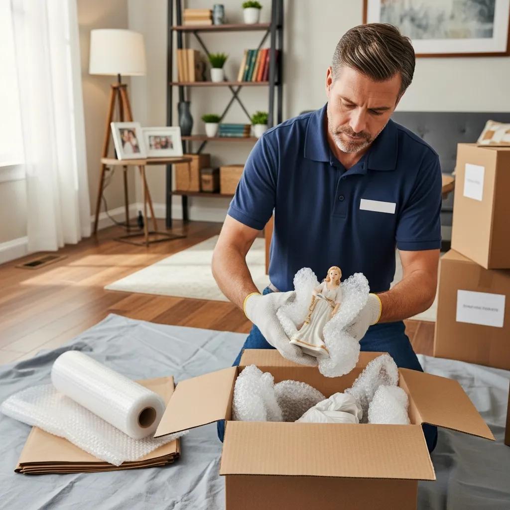 Mover packing fragile items with care in a home setting, highlighting professional packing services