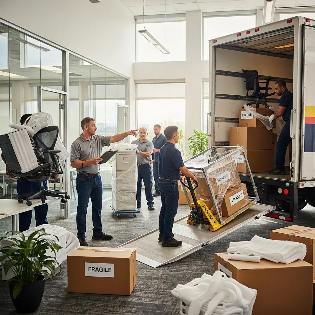 Movers executing an organized office relocation with professional oversight