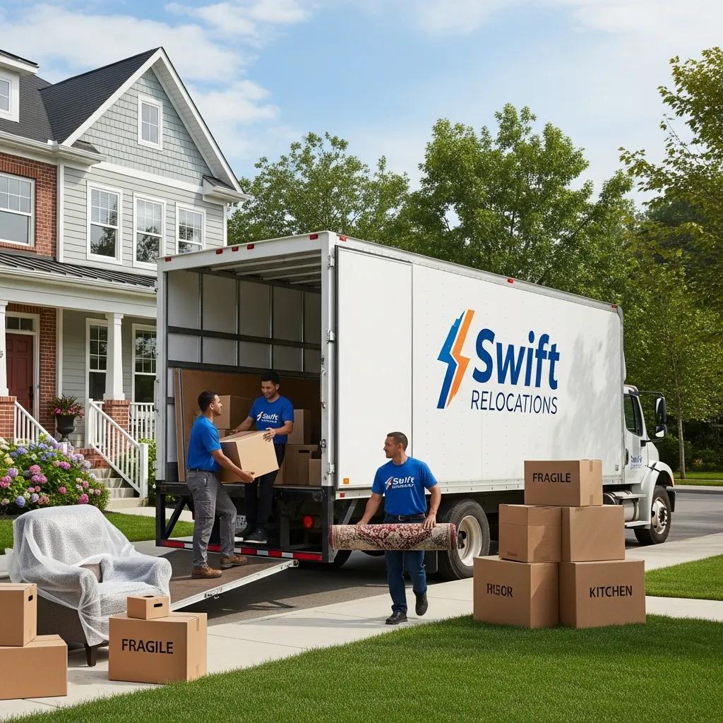 Movers unloading boxes from a truck in front of a house, illustrating local moving services in Wappingers Falls