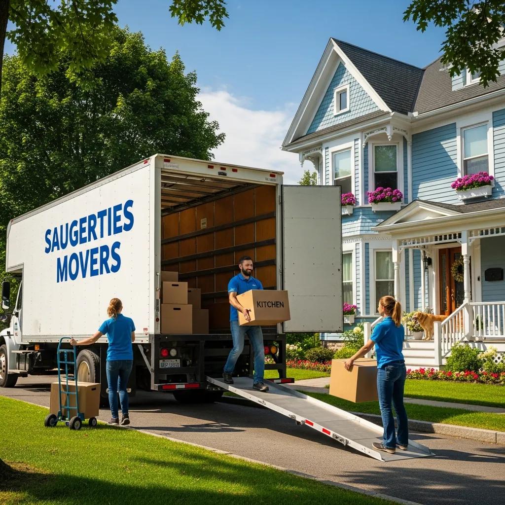 Moving truck in Saugerties NY with a friendly team unloading boxes