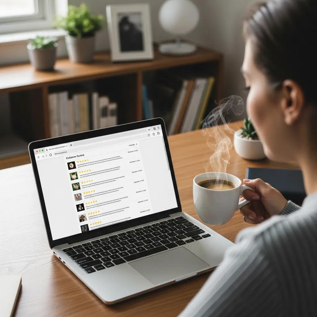 Person reading customer reviews on a laptop in a cozy home office, emphasizing the importance of testimonials