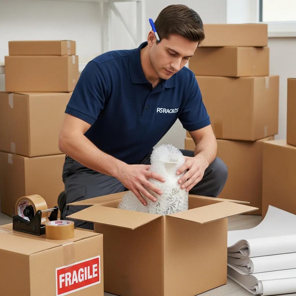 Professional mover packing fragile items into a box with care, showcasing quality packing services
