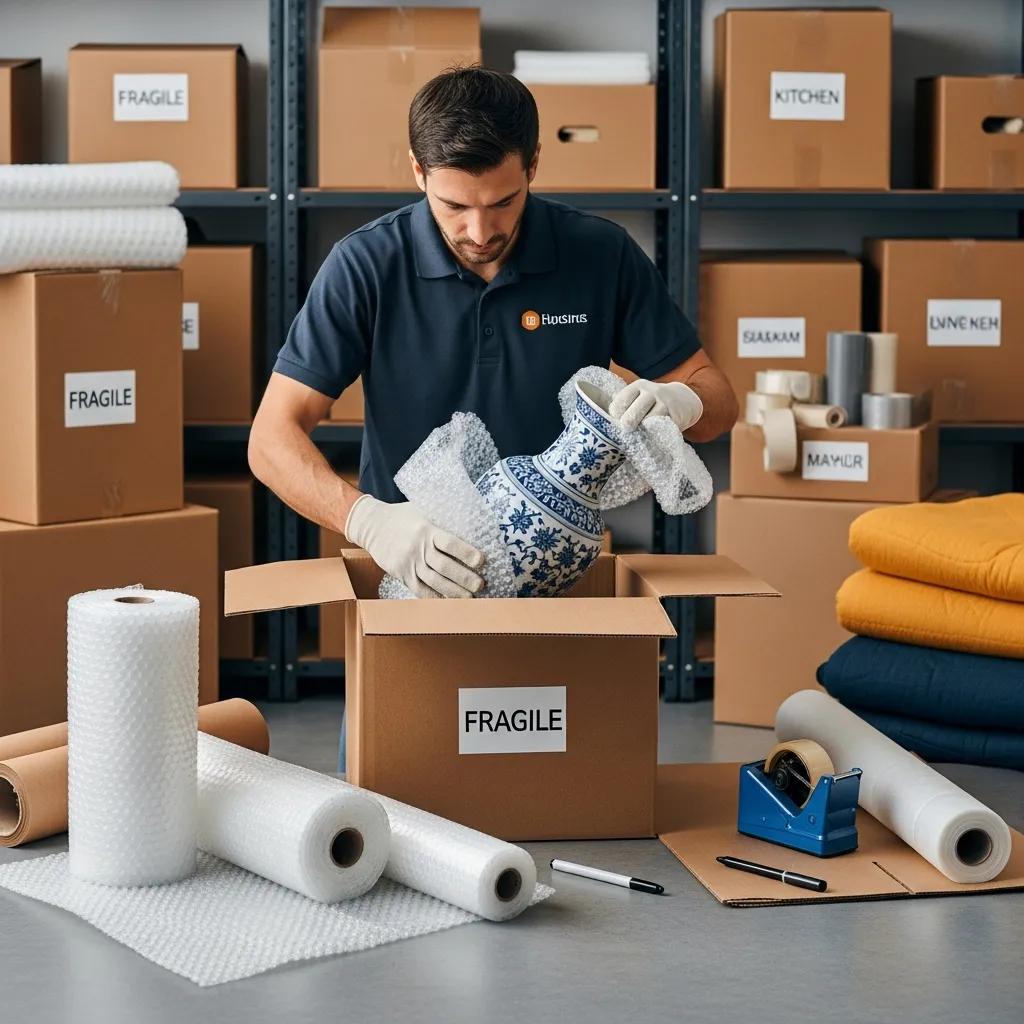 Professional mover packing fragile items with care, highlighting packing services