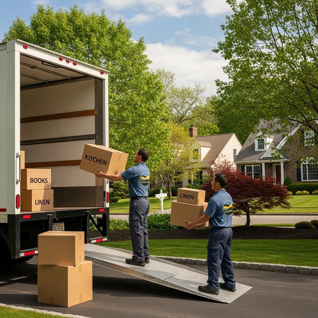 Professional movers packing boxes into a truck in Hudson Valley, illustrating the moving process