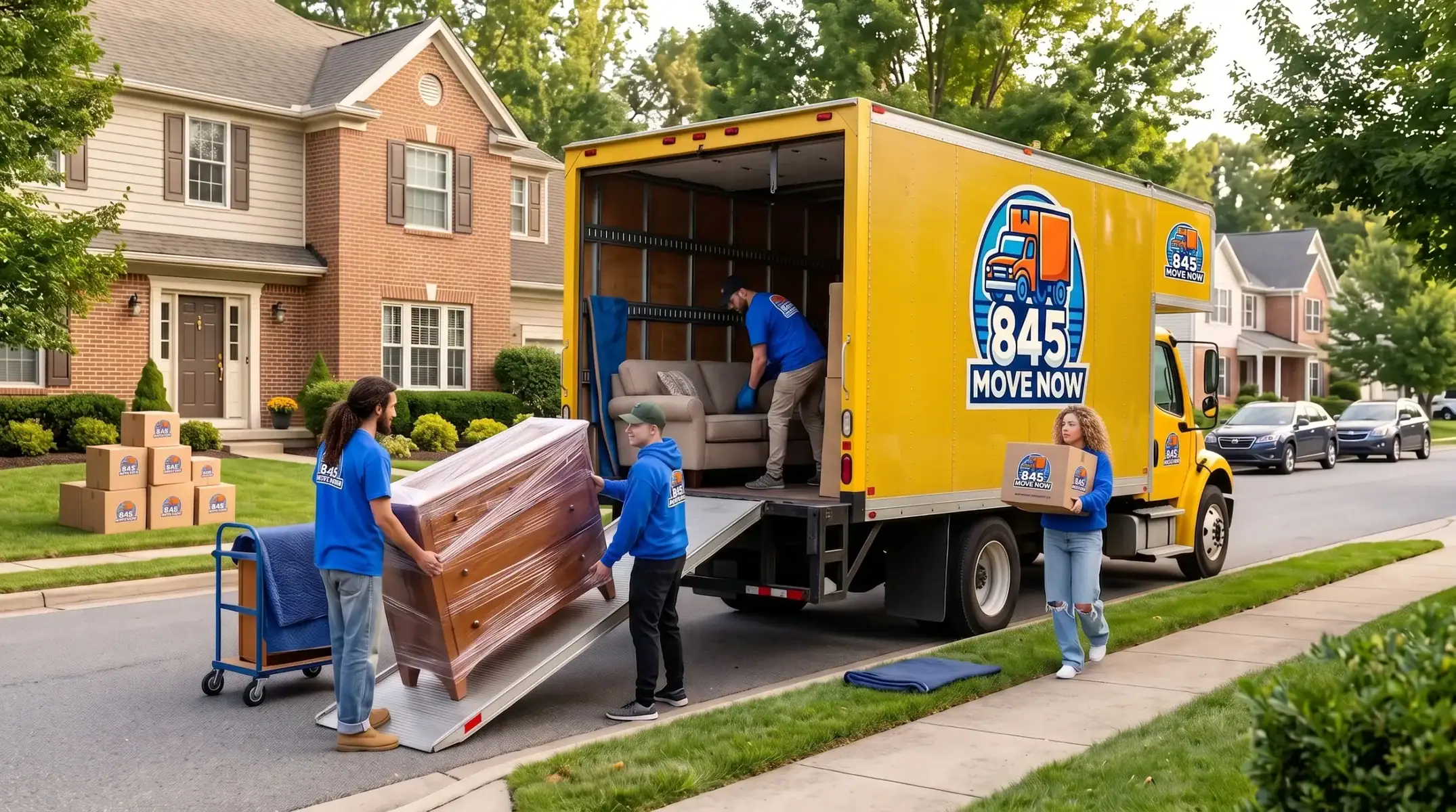 Movers loading furniture into yellow moving truck outside home