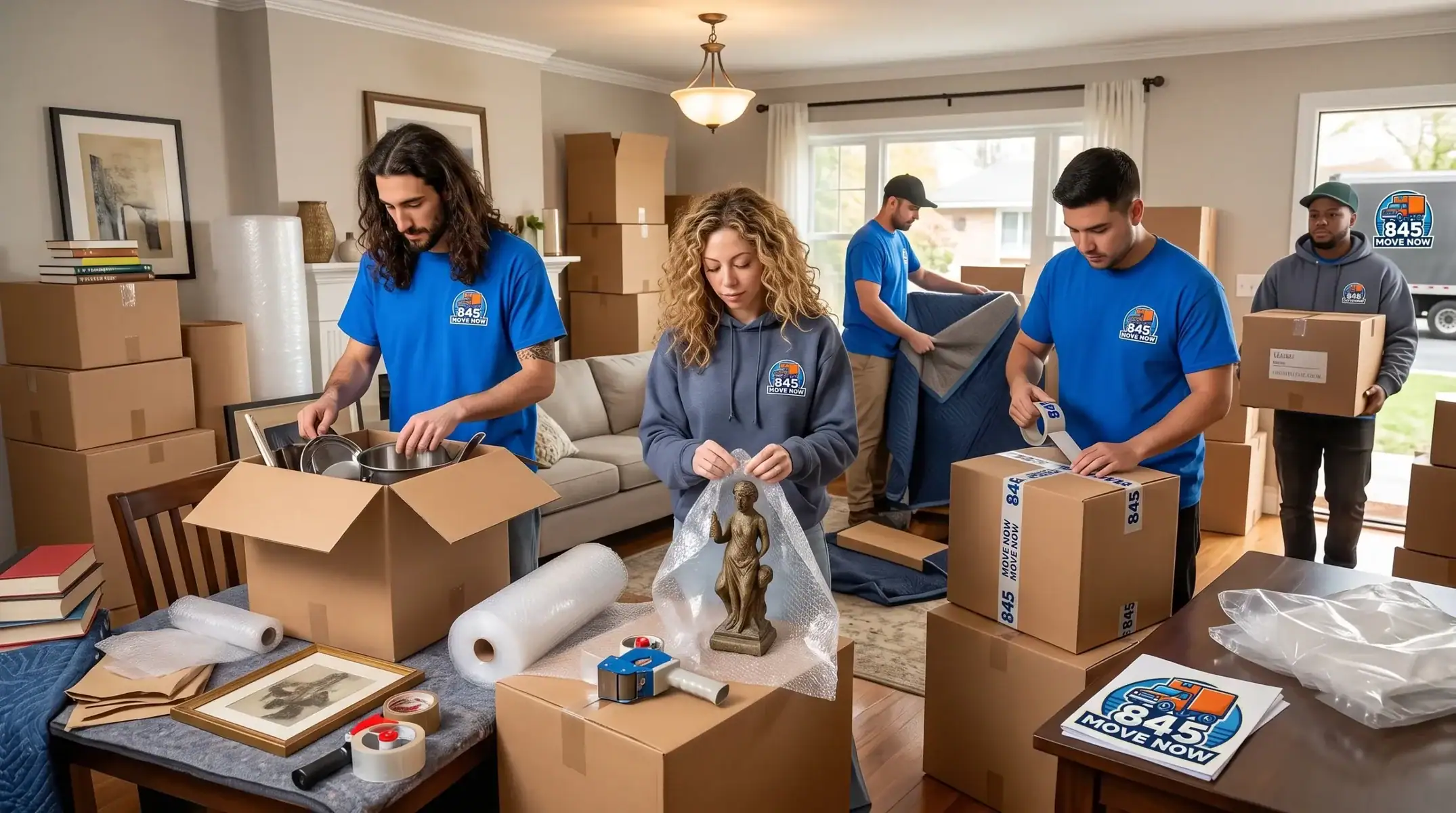 Moving crew packs household items in a living room