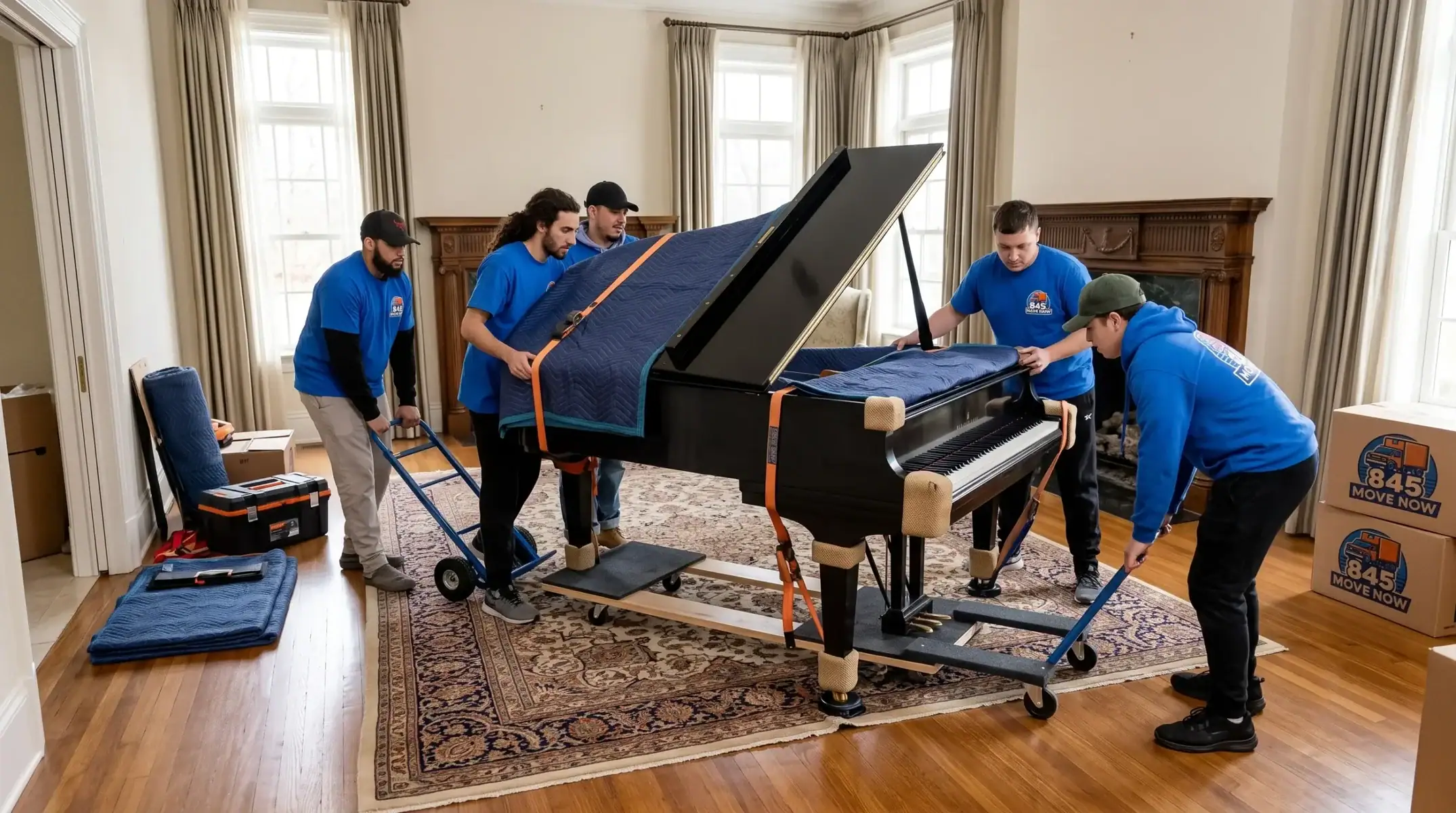 Professional movers carefully transport a wrapped grand piano indoors.