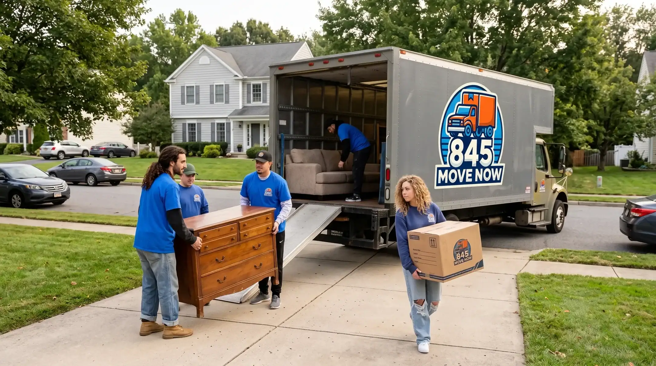 Movers unload furniture and boxes from a moving truck.