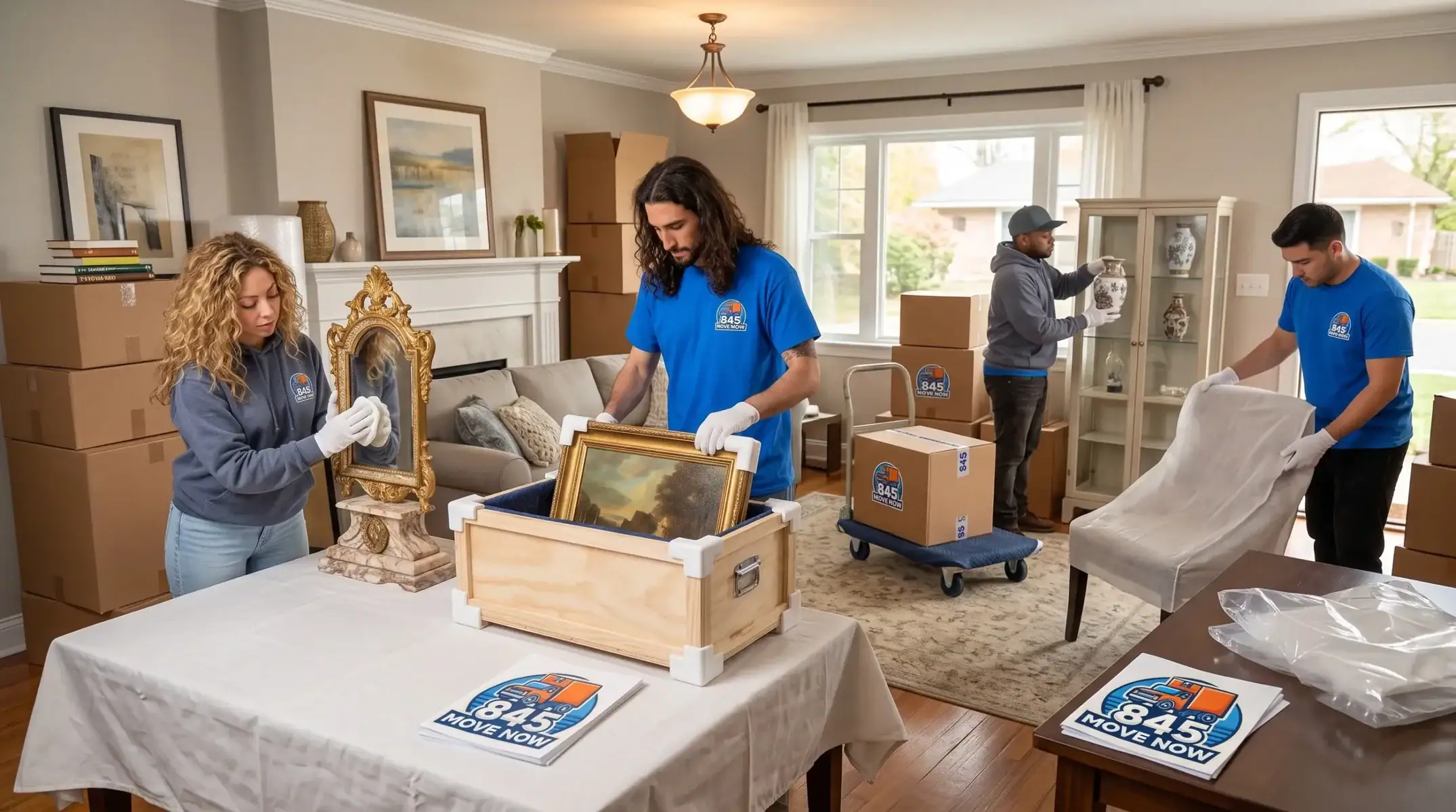 Professional movers carefully pack valuables in a living room.