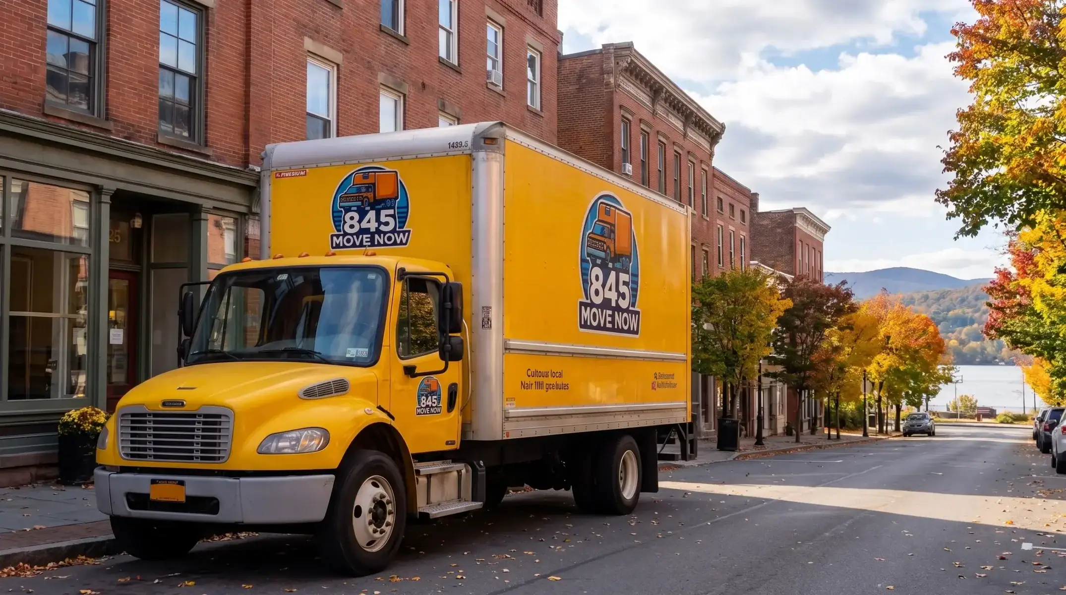Yellow moving truck parked on autumn downtown street