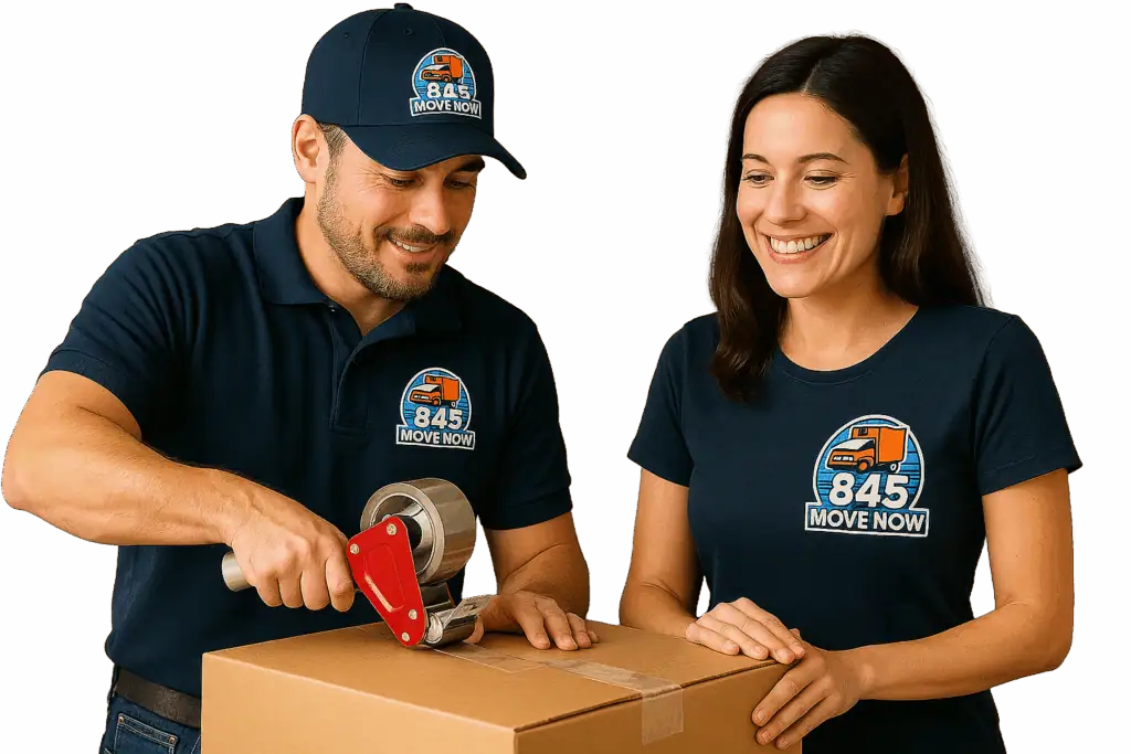 Two movers sealing a cardboard box with packing tape