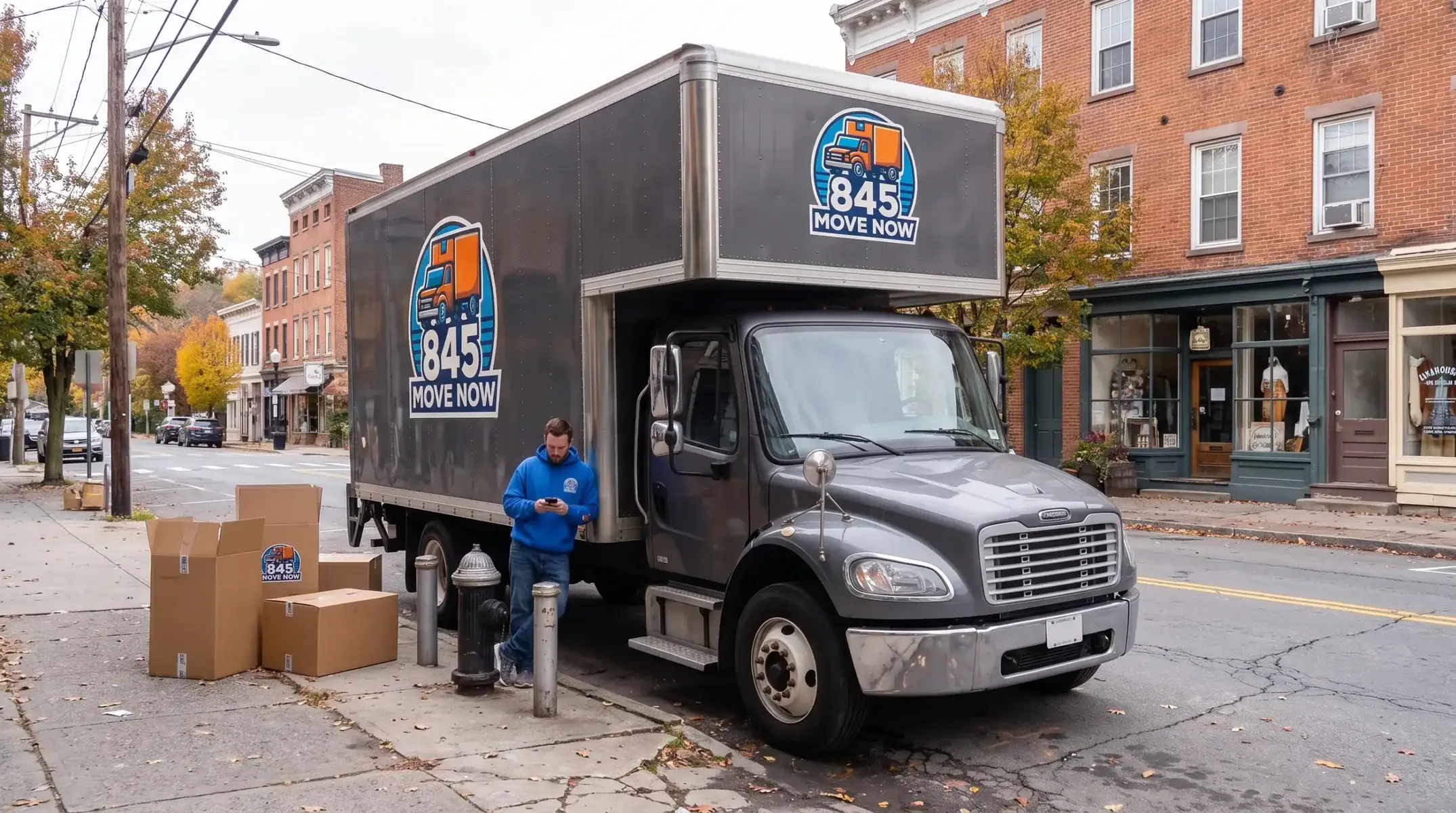 Moving truck with boxes parked beside brick storefronts