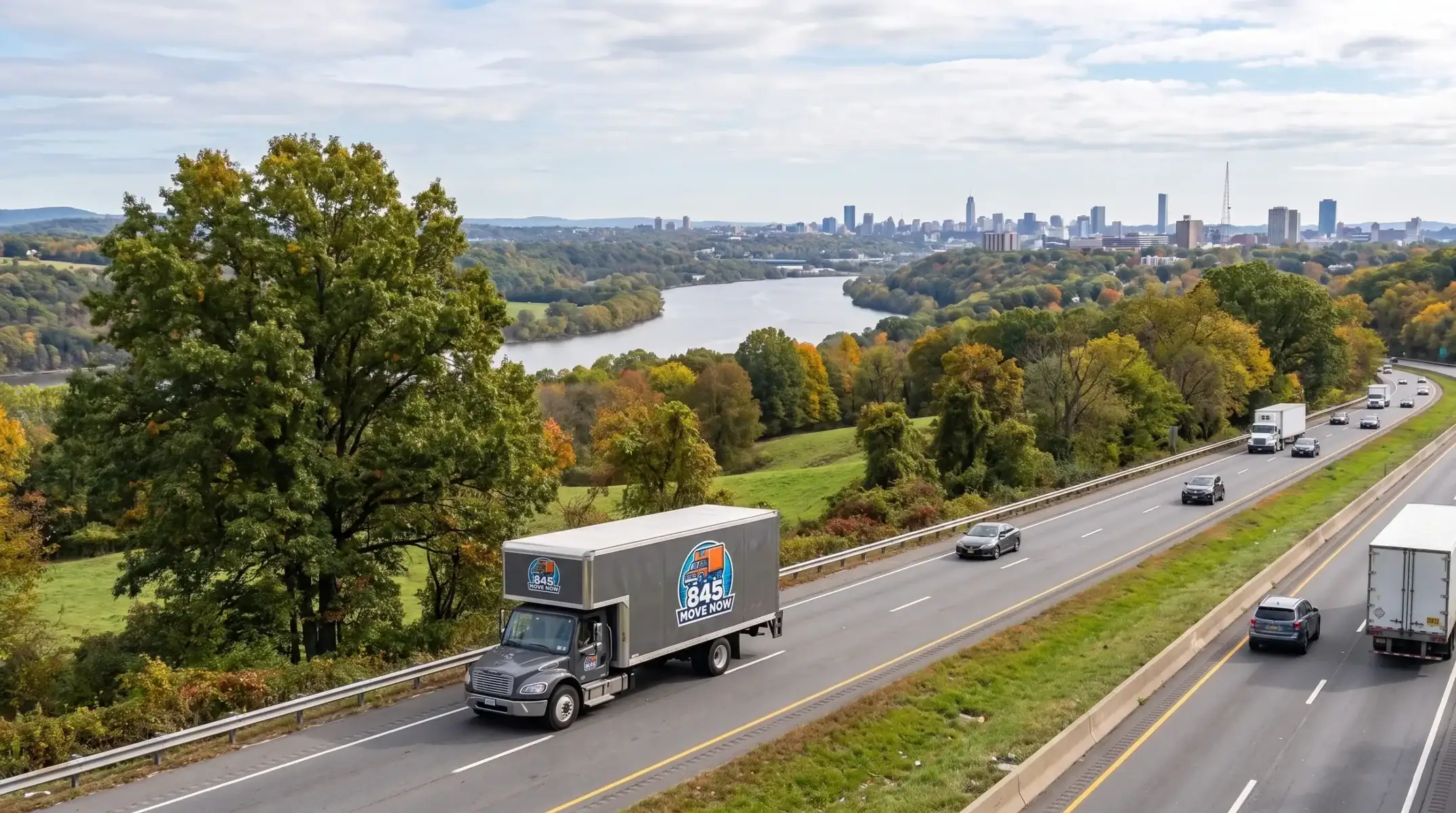 Trucks travel highway beside river and autumn trees near skyline.