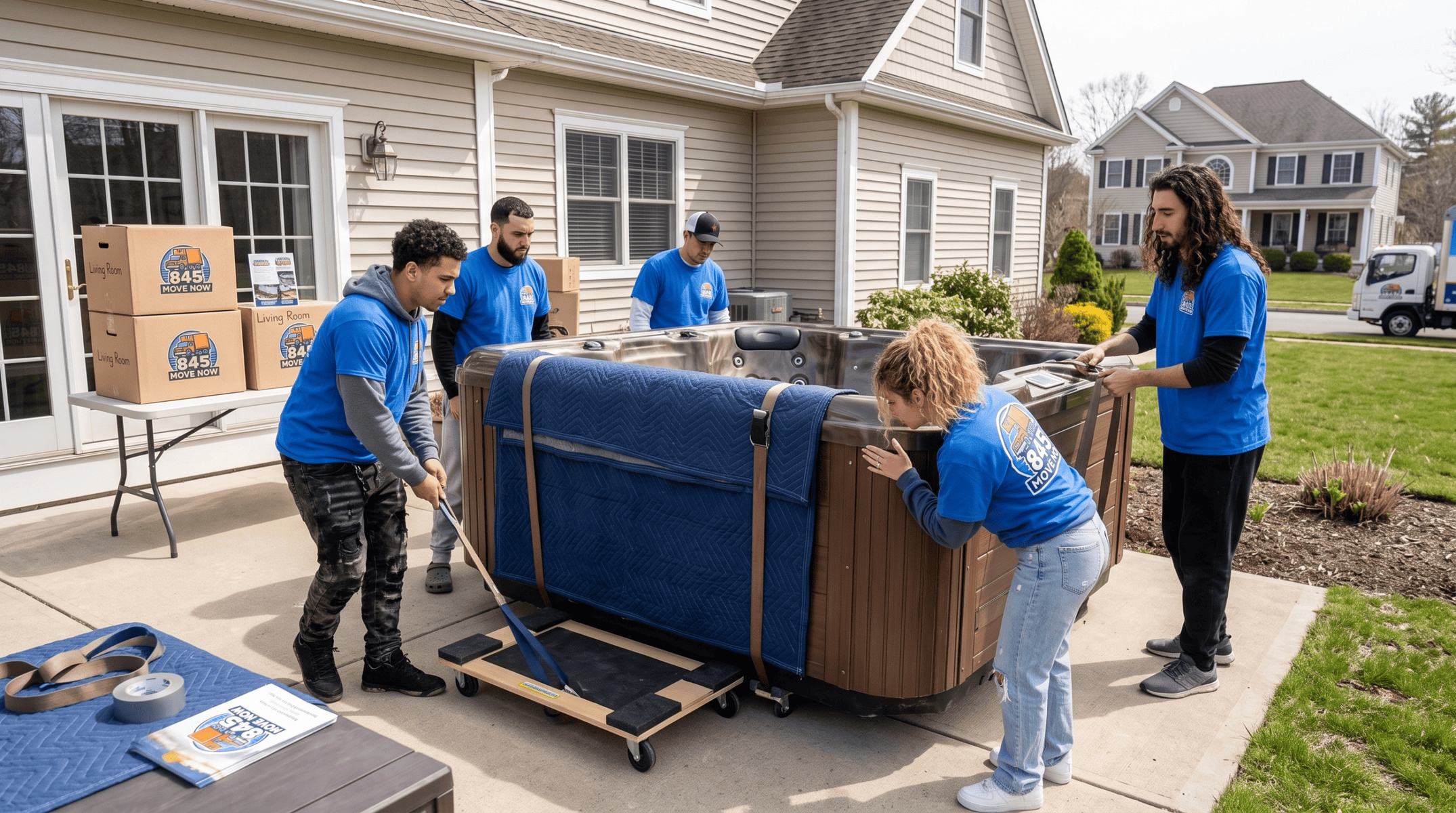 Movers secure a hot tub outside suburban home