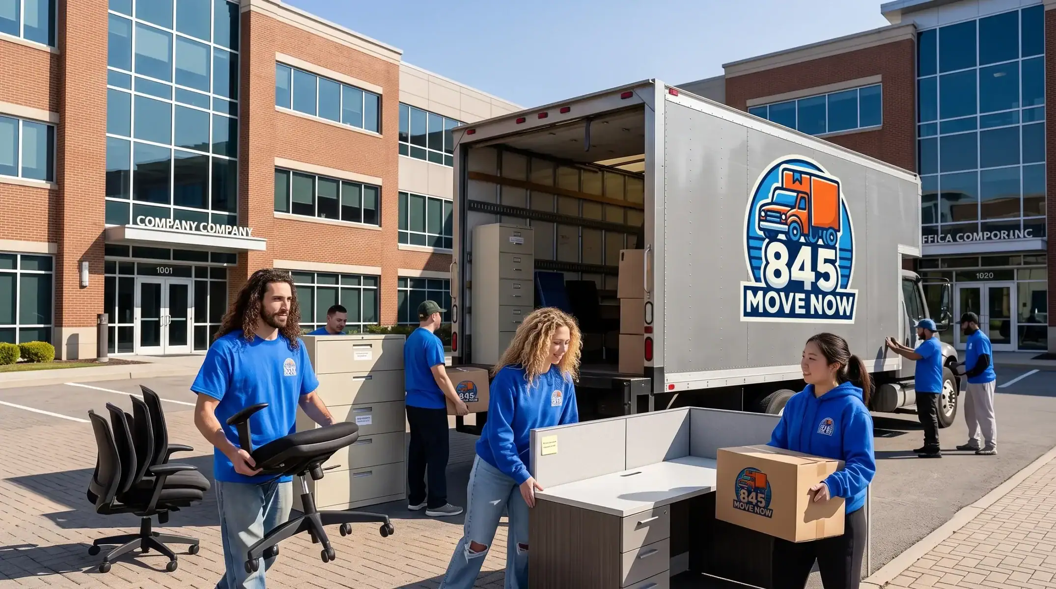 Movers loading office furniture into branded moving truck