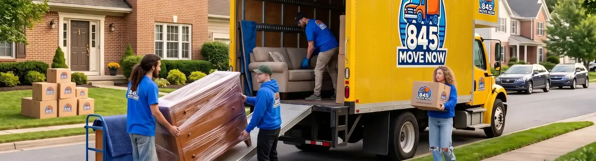 Movers unload furniture and boxes from yellow moving truck.