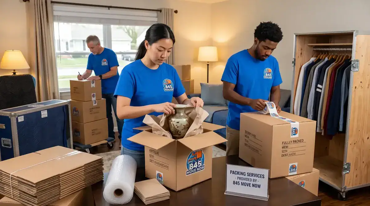 Professional movers carefully pack household items in a living room.