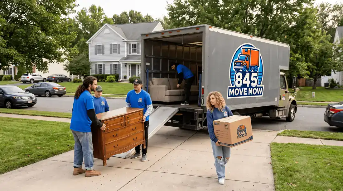 Gardiner, NY movers from 845 Move Now unloading a dresser and boxes from the truck