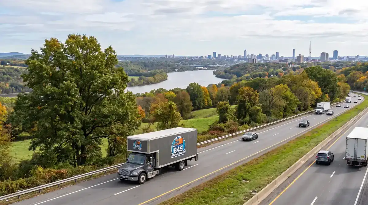 Long distance movers, an 845 Move Now truck on a riverside highway in autumn