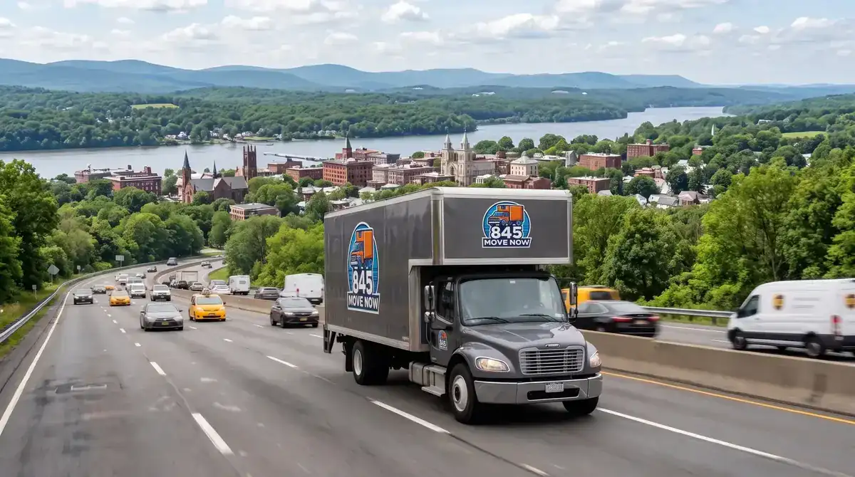 845 Move Now truck on the highway, the moving company serving Plattekill and Modena, NY