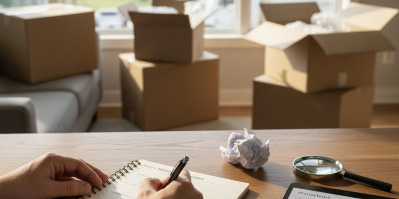 Person writing in notebook with moving boxes in background, preparing questions for hiring a mover in New Paltz.