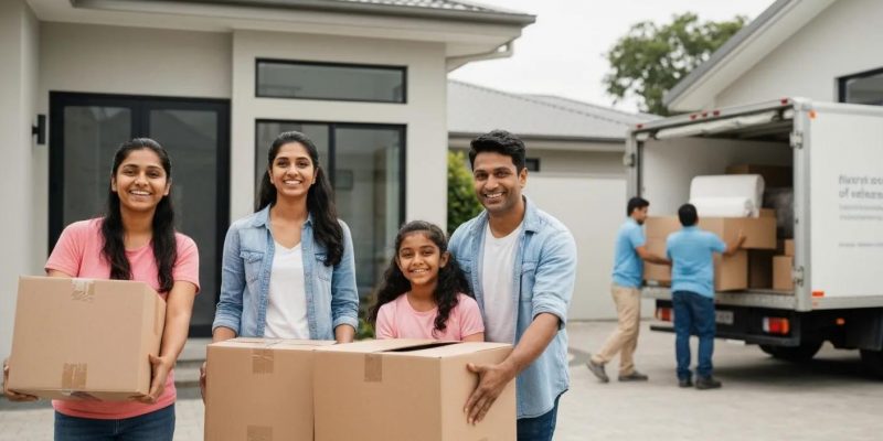 Family moving into a new home, highlighting the importance of verifying a moving company's license