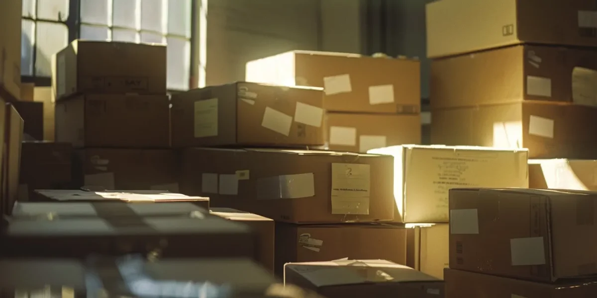 a neatly organized stack of moving boxes labeled and ready to go.