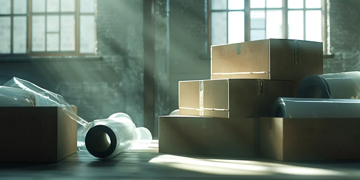 a stack of sturdy cardboard moving boxes waiting to be filled with belongings, surrounded by rolls of packing tape and bubble wrap.