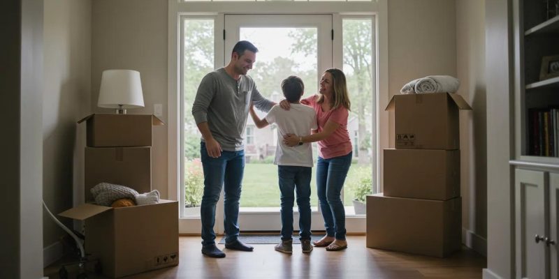 a joyful family embraces each other in the welcoming foyer of their new hudson valley home, surrounded by moving boxes and an inviting atmosphere that reflects the excitement of new beginnings.