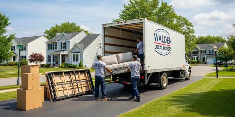 Moving truck labeled "Walden Local Movers" with workers loading a sofa and cardboard boxes in a residential neighborhood in Walden, NY.