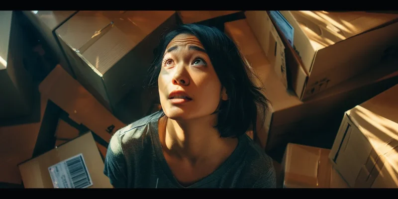 Woman looking up amidst stacked moving boxes, reflecting on the challenges of moving and the importance of choosing the right moving insurance options.