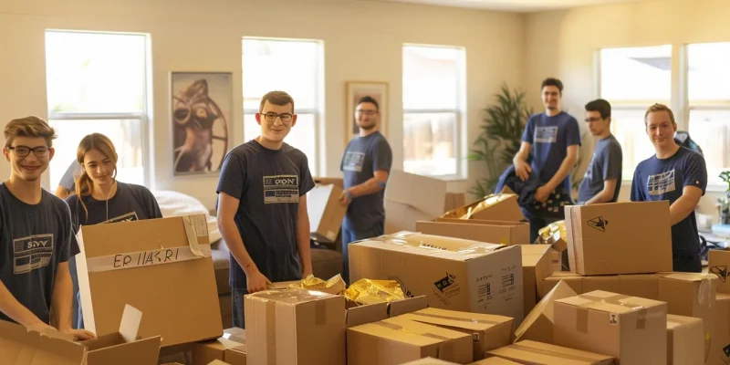 Group of local movers from 845 Move Now in blue shirts, smiling and working together amidst packed boxes in a bright, organized moving environment.