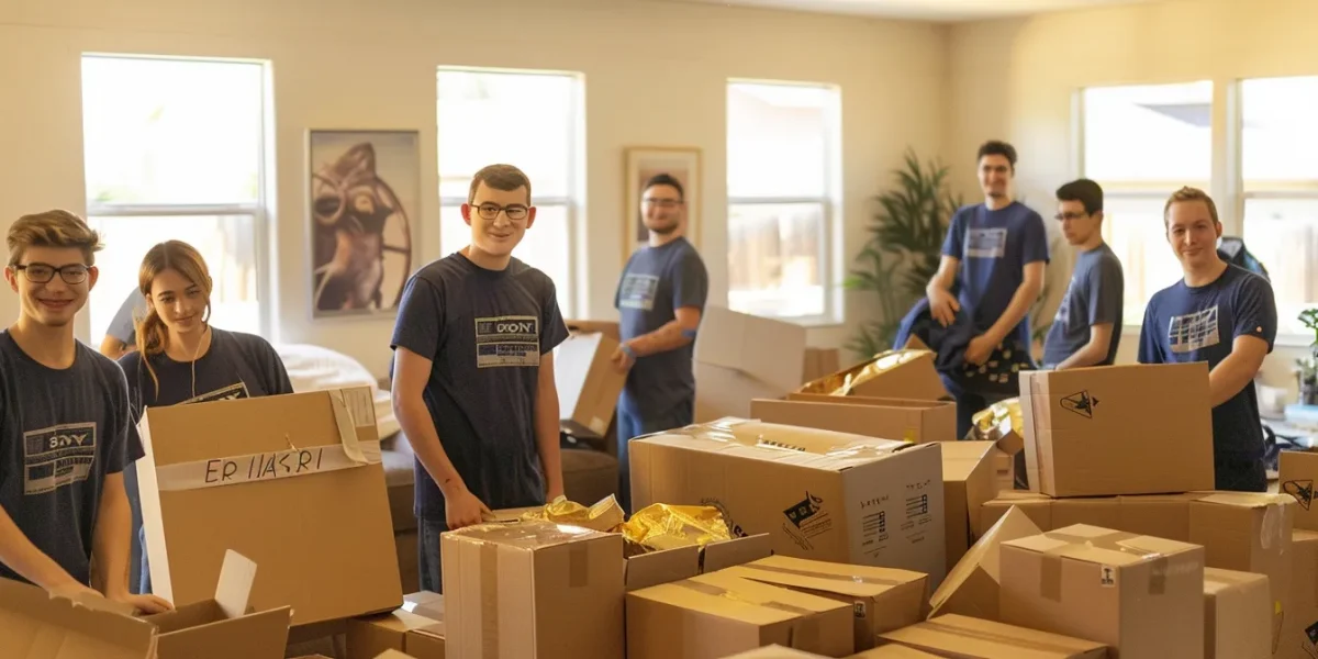 a group of smiling movers unpacking boxes in a well-organized, clutter-free living room, showcasing their efficiency and attention to detail.