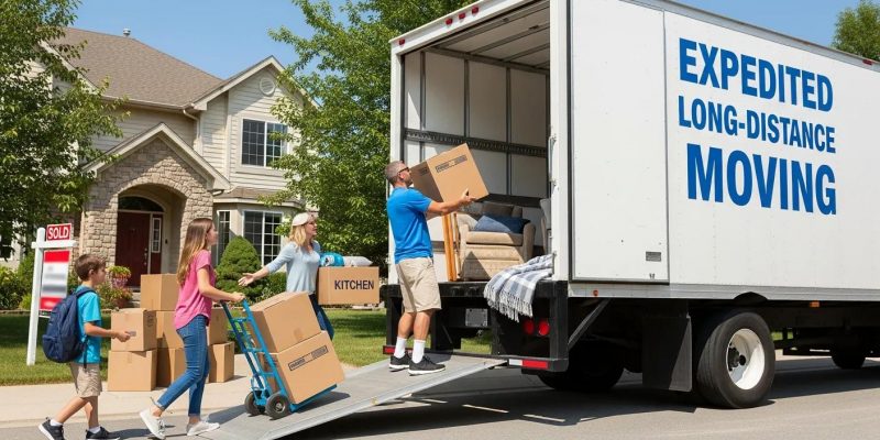 Family loading boxes into a moving truck labeled "EXPEDITED LONG-DISTANCE MOVING," illustrating urgent relocation services in a residential neighborhood.