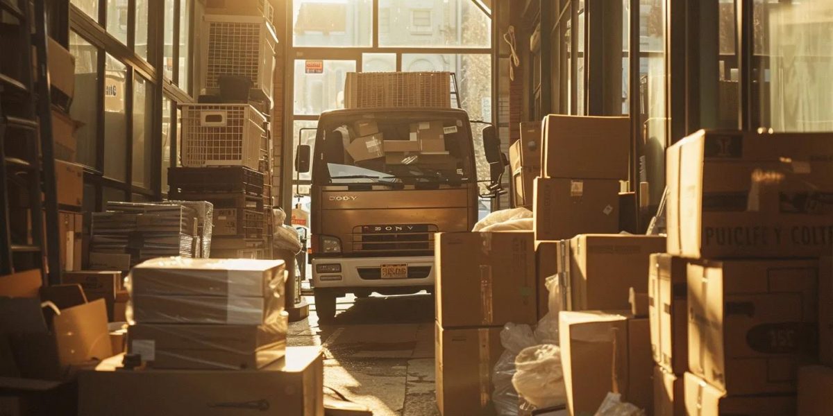 a bustling moving truck surrounded by neatly stacked boxes in a sunlit hudson valley setting, illustrating the contrast between professional moving services and the diy approach.