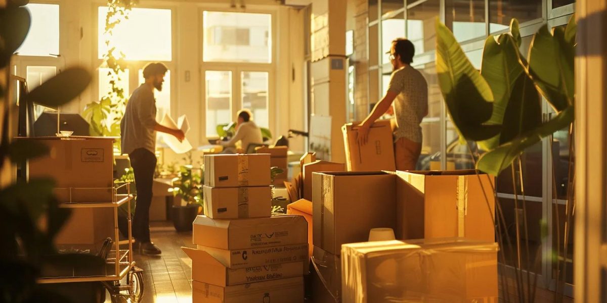 a bustling office relocation scene capturing professional movers energetically packing boxes amidst a backdrop of transitional chaos, bathed in warm afternoon light for an inviting yet dynamic atmosphere.