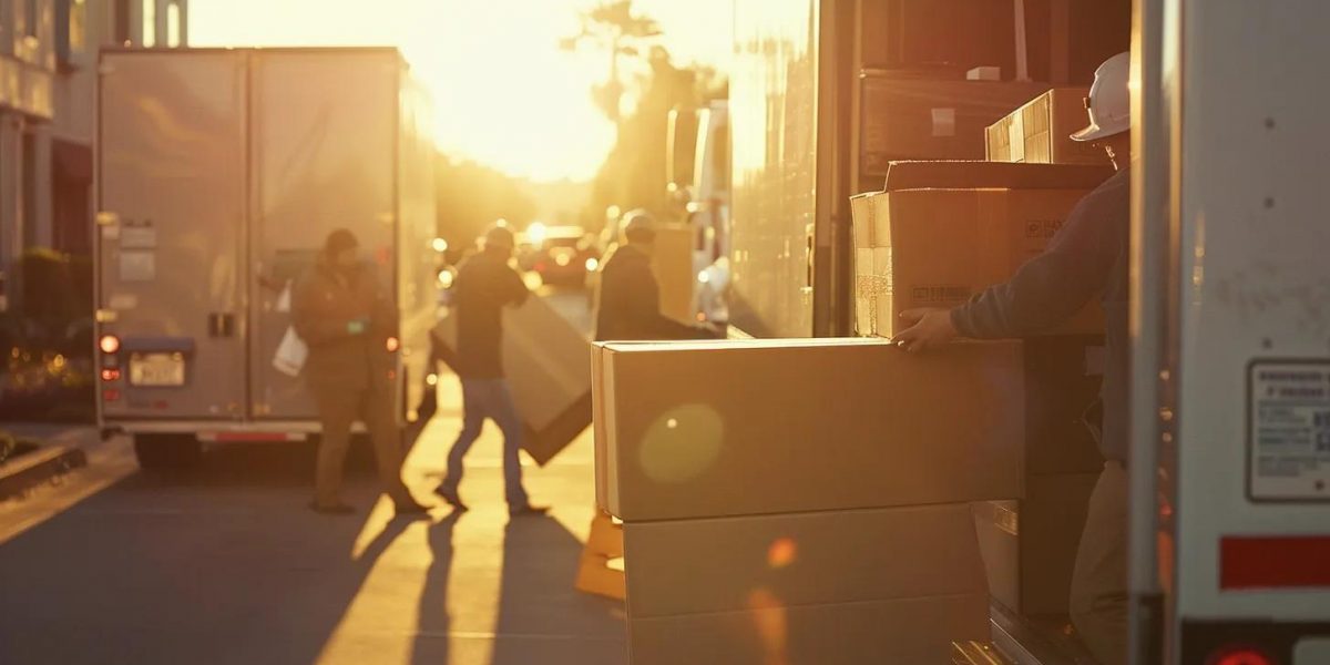 a bustling scene of professional movers expertly packing sturdy boxes into a sleek moving truck under the warm glow of afternoon sunlight, embodying efficiency and teamwork.