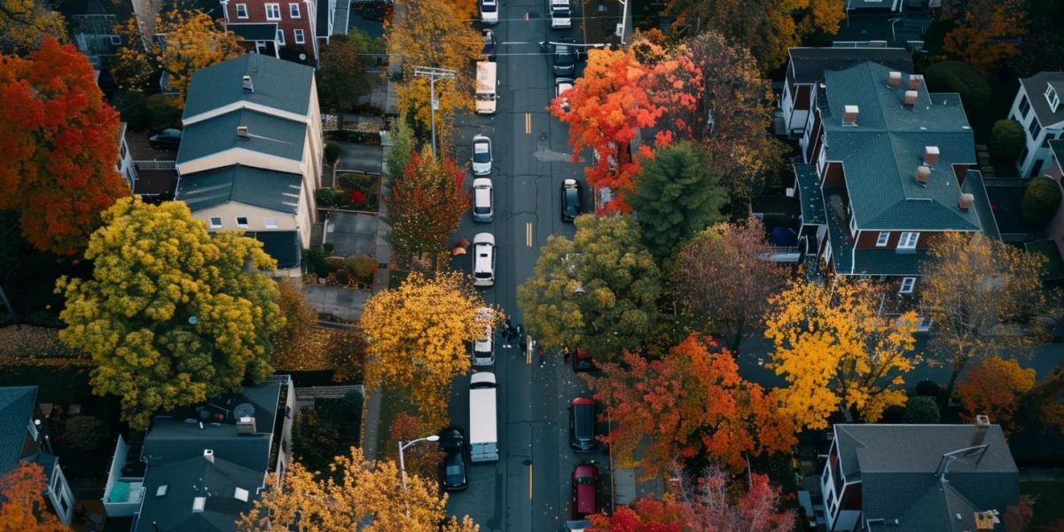 a busy hudson valley neighborhood showcases moving trucks lined up against picturesque autumn foliage, capturing the bustling energy of relocation amidst vibrant scenery.