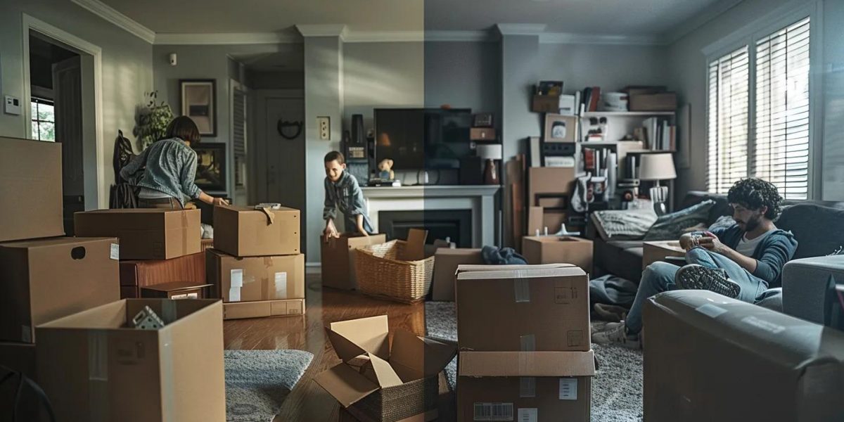 a dramatic split scene captures the contrasting chaos of a family struggling with moving boxes in a cluttered diy setup on one side, while the other side showcases a seamless, professional moving experience with efficient movers and neat stacks of organized belongings.