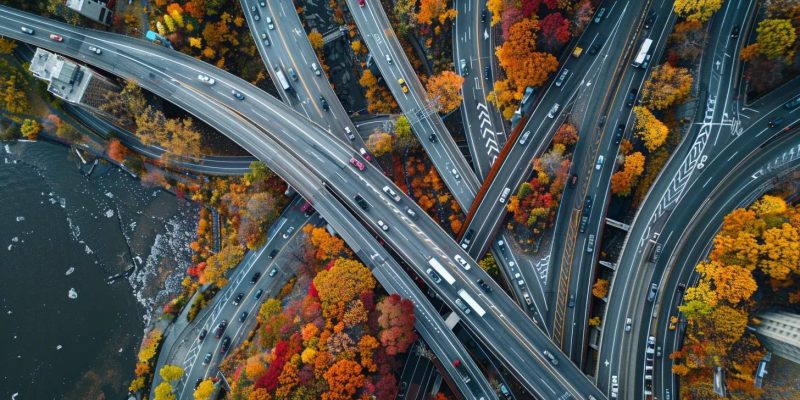 Aerial view of a busy highway interchange surrounded by vibrant autumn foliage, representing the Hudson Valley area, relevant to local moving services.
