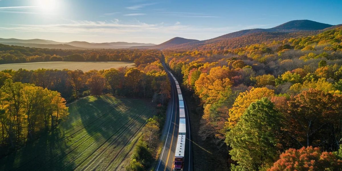 a dynamic aerial view of a moving truck navigating through the picturesque landscapes of hudson valley, surrounded by vibrant autumn foliage and distant mountains under a clear blue sky.