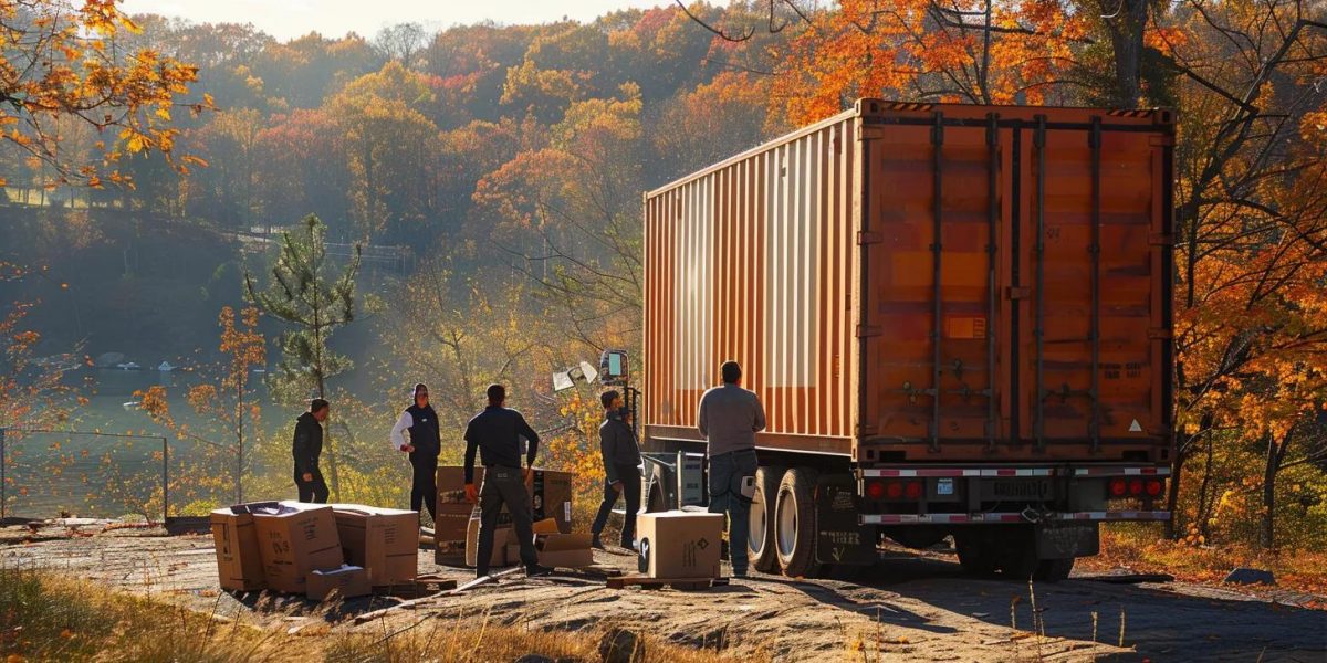 a dynamic comparison scene showcasing a group of movers efficiently loading a vibrant cargo truck against a picturesque hudson valley backdrop, emphasizing affordability and professionalism.